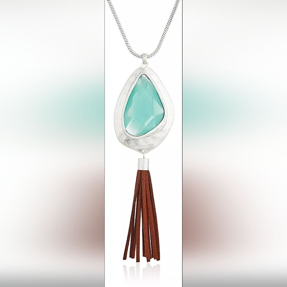  Sak Silver Aqua Stone & Tassel Pendant Necklace NWT 28"